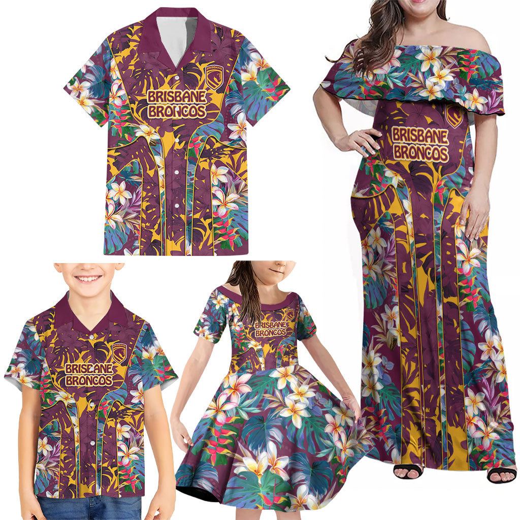 Brisbane Broncos Family Matching Off Shoulder Maxi Dress and Hawaiian Shirt Tropical Hibiscus Floral Pattern With Maroon And Yellow Accents