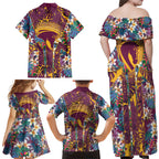 Brisbane Broncos Family Matching Off Shoulder Maxi Dress and Hawaiian Shirt Tropical Hibiscus Floral Pattern With Maroon And Yellow Accents