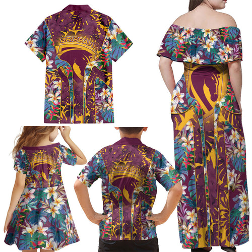 Brisbane Broncos Family Matching Off Shoulder Maxi Dress and Hawaiian Shirt Tropical Hibiscus Floral Pattern With Maroon And Yellow Accents