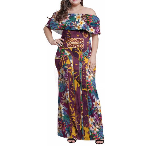 Brisbane Broncos Family Matching Off Shoulder Maxi Dress and Hawaiian Shirt Tropical Hibiscus Floral Pattern With Maroon And Yellow Accents