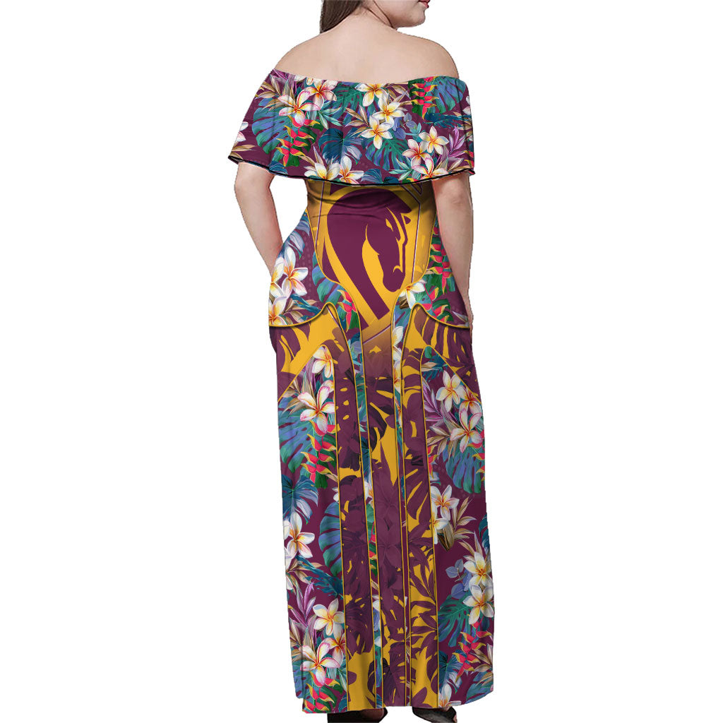 Brisbane Broncos Family Matching Off Shoulder Maxi Dress and Hawaiian Shirt Tropical Hibiscus Floral Pattern With Maroon And Yellow Accents