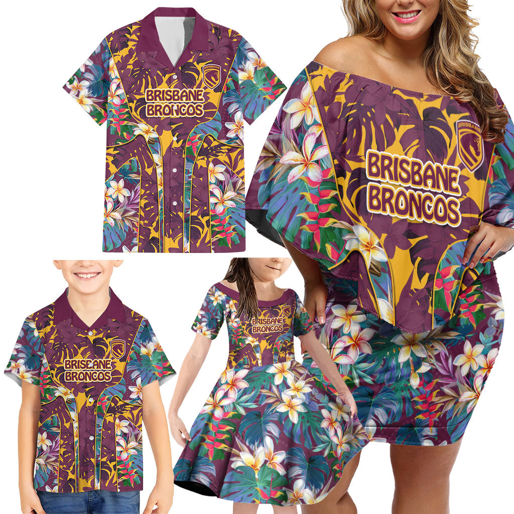 Brisbane Broncos Family Matching Off Shoulder Short Dress and Hawaiian Shirt Tropical Hibiscus Floral Pattern With Maroon And Yellow Accents