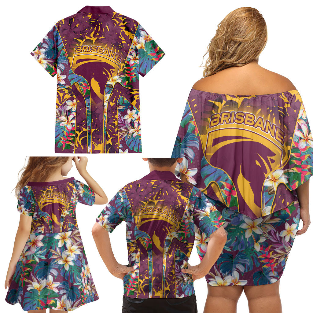 Brisbane Broncos Family Matching Off Shoulder Short Dress and Hawaiian Shirt Tropical Hibiscus Floral Pattern With Maroon And Yellow Accents