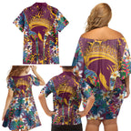 Brisbane Broncos Family Matching Off Shoulder Short Dress and Hawaiian Shirt Tropical Hibiscus Floral Pattern With Maroon And Yellow Accents