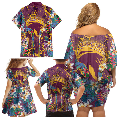 Brisbane Broncos Family Matching Off Shoulder Short Dress and Hawaiian Shirt Tropical Hibiscus Floral Pattern With Maroon And Yellow Accents
