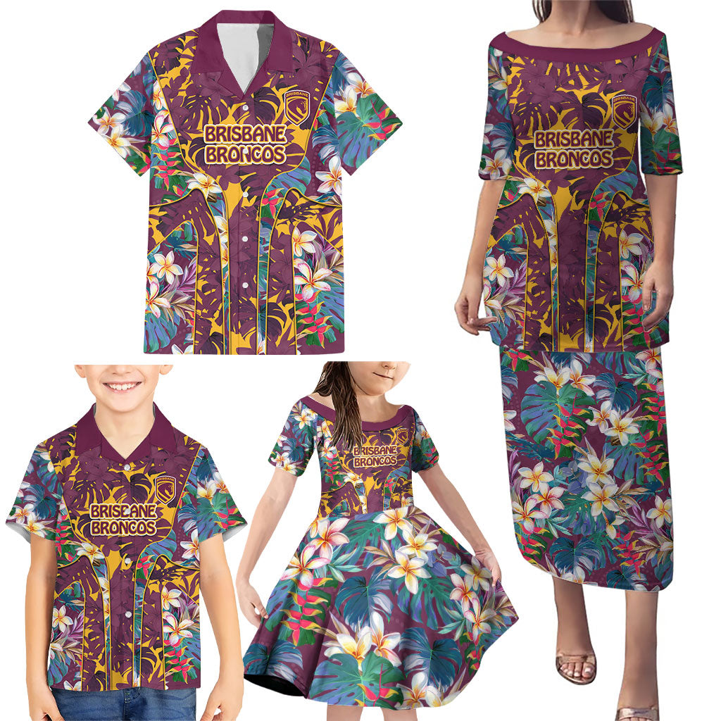 Brisbane Broncos Family Matching Puletasi and Hawaiian Shirt Tropical Hibiscus Floral Pattern With Maroon And Yellow Accents