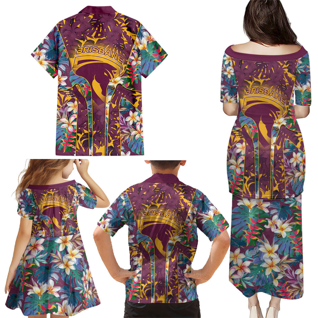 Brisbane Broncos Family Matching Puletasi and Hawaiian Shirt Tropical Hibiscus Floral Pattern With Maroon And Yellow Accents