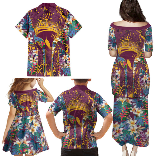 Brisbane Broncos Family Matching Puletasi and Hawaiian Shirt Tropical Hibiscus Floral Pattern With Maroon And Yellow Accents
