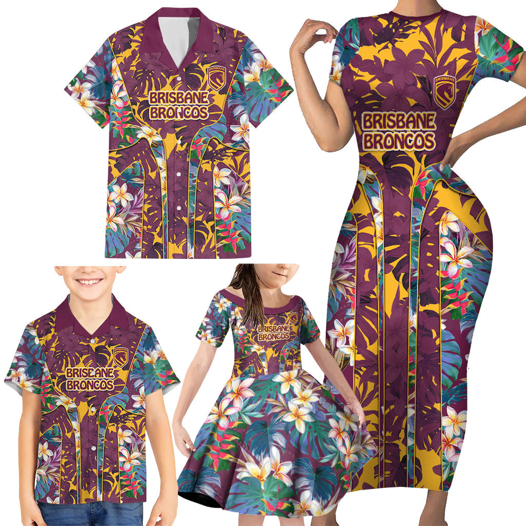 Brisbane Broncos Family Matching Short Sleeve Bodycon Dress and Hawaiian Shirt Tropical Hibiscus Floral Pattern With Maroon And Yellow Accents