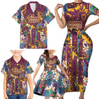 Brisbane Broncos Family Matching Short Sleeve Bodycon Dress and Hawaiian Shirt Tropical Hibiscus Floral Pattern With Maroon And Yellow Accents