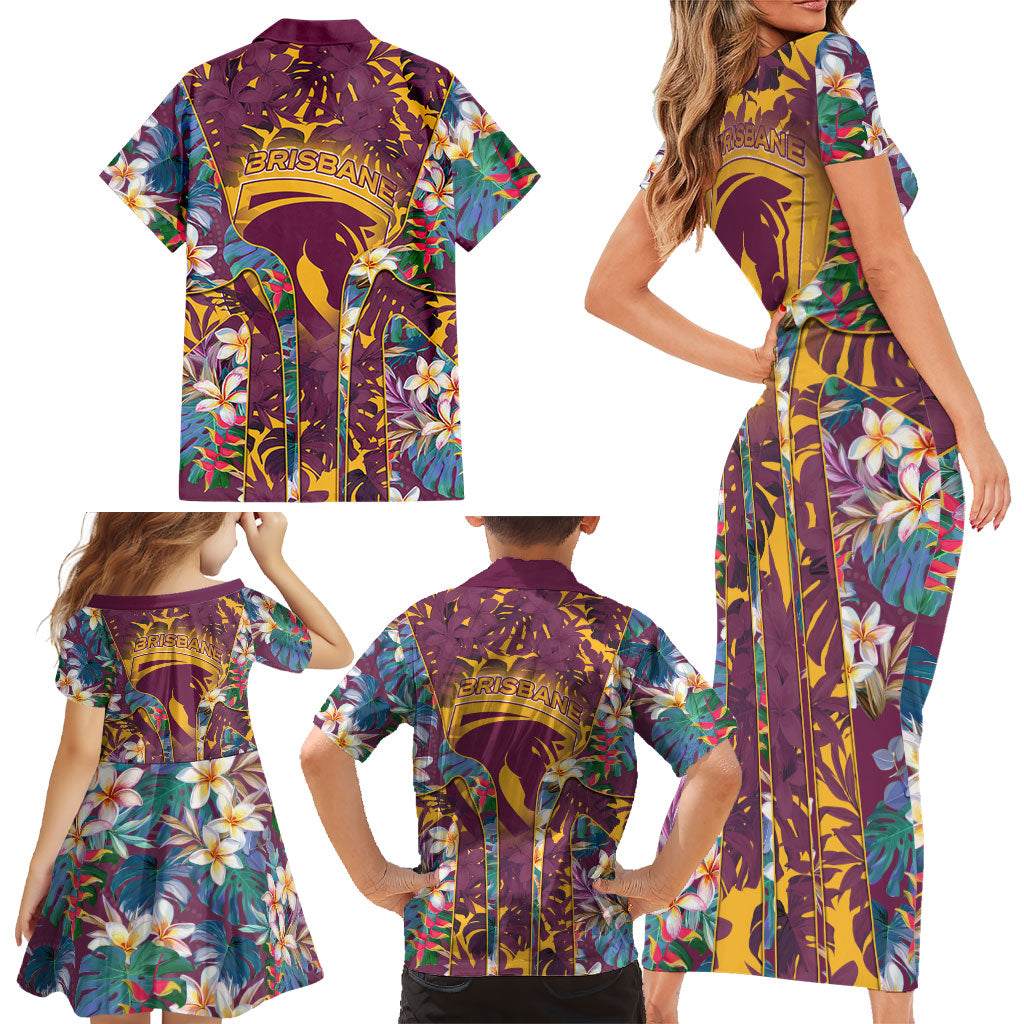 Brisbane Broncos Family Matching Short Sleeve Bodycon Dress and Hawaiian Shirt Tropical Hibiscus Floral Pattern With Maroon And Yellow Accents