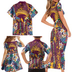 Brisbane Broncos Family Matching Short Sleeve Bodycon Dress and Hawaiian Shirt Tropical Hibiscus Floral Pattern With Maroon And Yellow Accents
