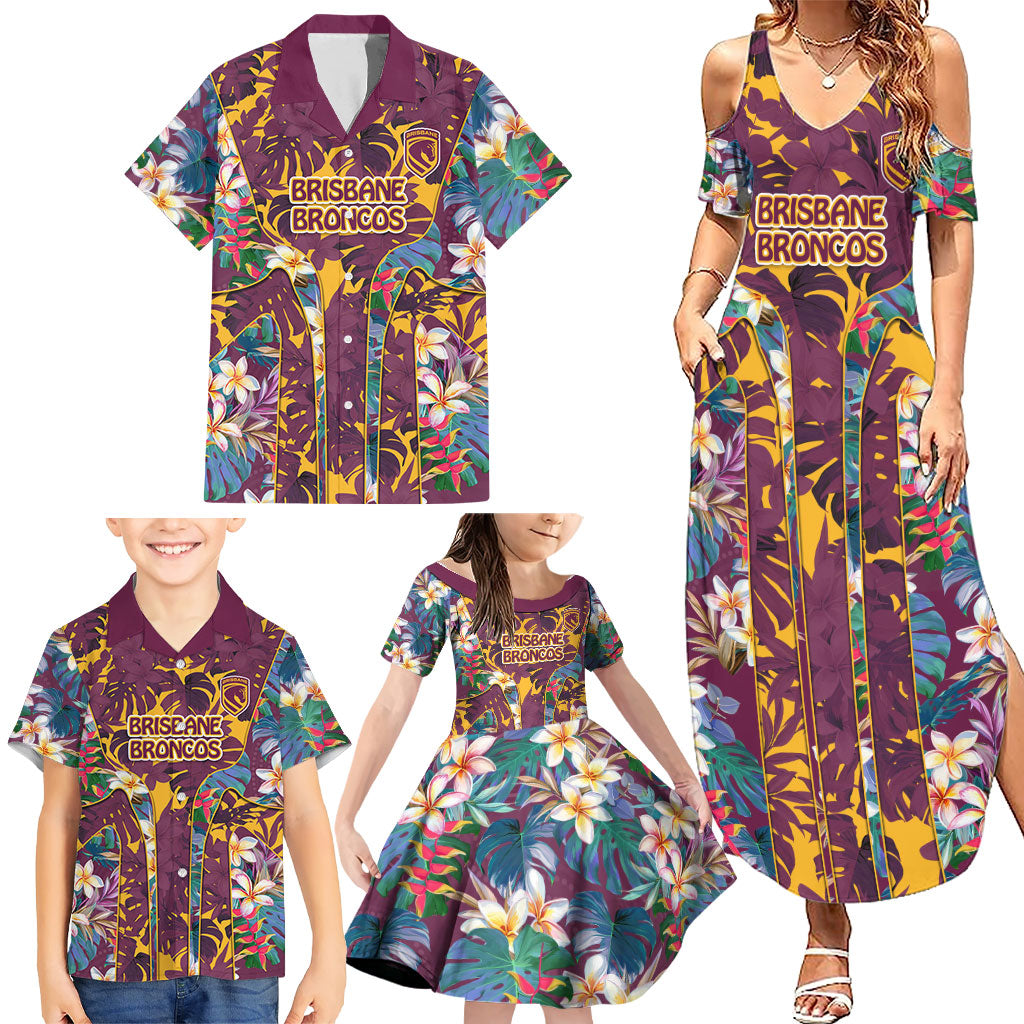 Brisbane Broncos Family Matching Summer Maxi Dress and Hawaiian Shirt Tropical Hibiscus Floral Pattern With Maroon And Yellow Accents