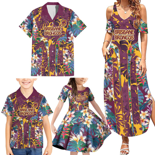 Brisbane Broncos Family Matching Summer Maxi Dress and Hawaiian Shirt Tropical Hibiscus Floral Pattern With Maroon And Yellow Accents