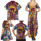 Brisbane Broncos Family Matching Summer Maxi Dress and Hawaiian Shirt Tropical Hibiscus Floral Pattern With Maroon And Yellow Accents