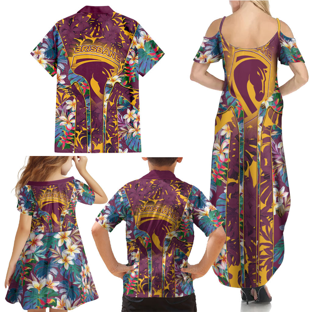 Brisbane Broncos Family Matching Summer Maxi Dress and Hawaiian Shirt Tropical Hibiscus Floral Pattern With Maroon And Yellow Accents