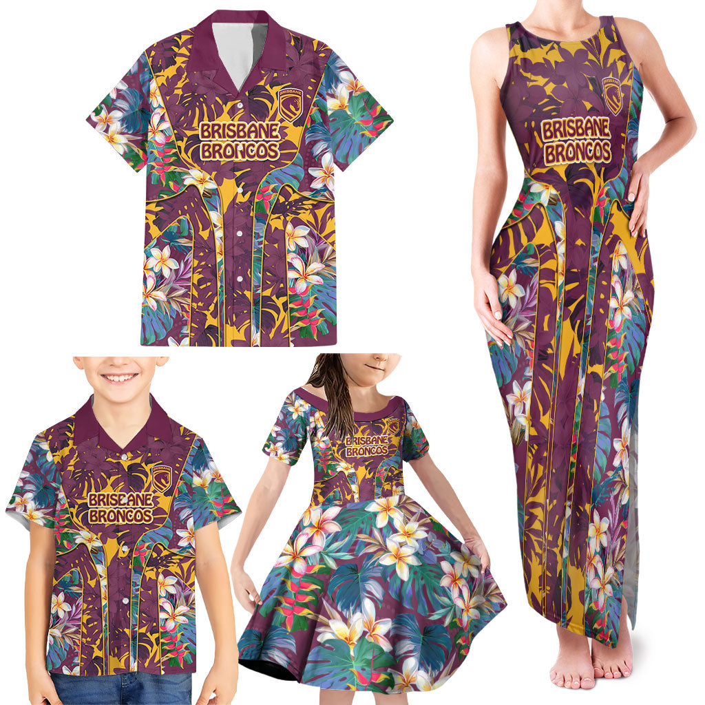 Brisbane Broncos Family Matching Tank Maxi Dress and Hawaiian Shirt Tropical Hibiscus Floral Pattern With Maroon And Yellow Accents