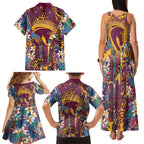 Brisbane Broncos Family Matching Tank Maxi Dress and Hawaiian Shirt Tropical Hibiscus Floral Pattern With Maroon And Yellow Accents
