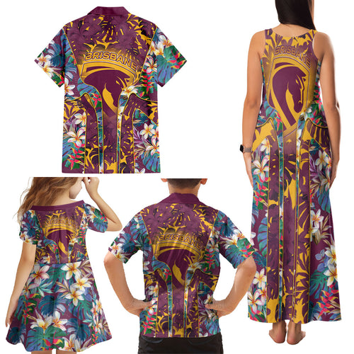 Brisbane Broncos Family Matching Tank Maxi Dress and Hawaiian Shirt Tropical Hibiscus Floral Pattern With Maroon And Yellow Accents