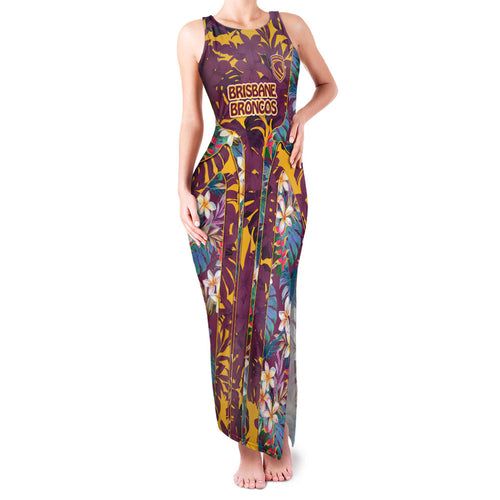 Brisbane Broncos Family Matching Tank Maxi Dress and Hawaiian Shirt Tropical Hibiscus Floral Pattern With Maroon And Yellow Accents