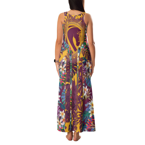 Brisbane Broncos Family Matching Tank Maxi Dress and Hawaiian Shirt Tropical Hibiscus Floral Pattern With Maroon And Yellow Accents