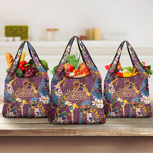 Brisbane Broncos Grocery Bag Tropical Hibiscus Floral Pattern With Maroon And Yellow Accents
