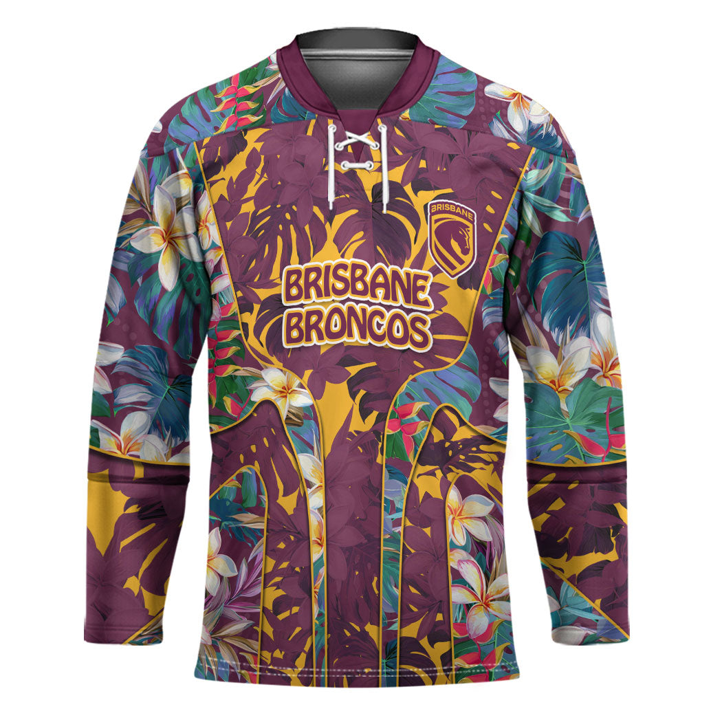 Brisbane Broncos Hockey Jersey Tropical Hibiscus Floral Pattern With Maroon And Yellow Accents