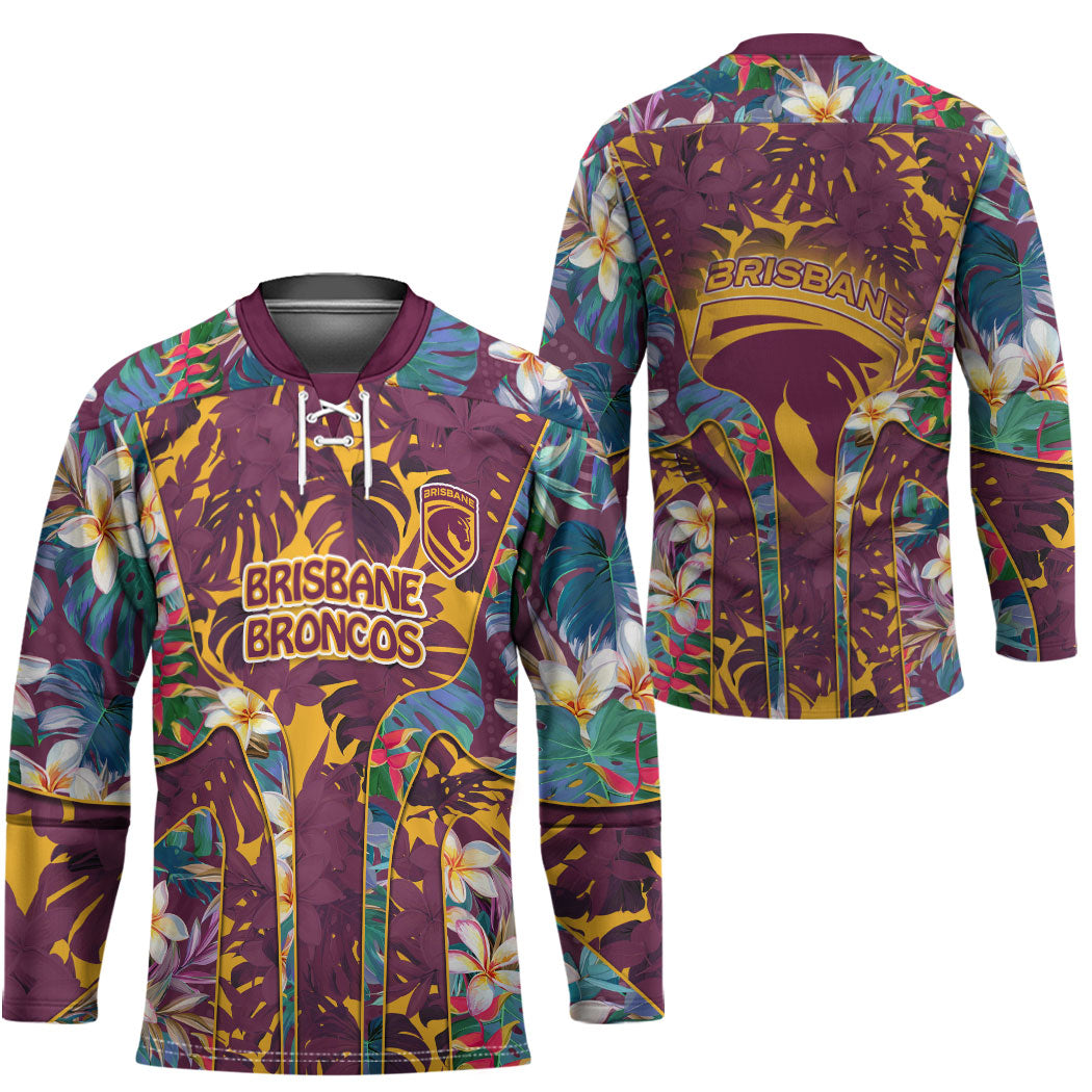 Brisbane Broncos Hockey Jersey Tropical Hibiscus Floral Pattern With Maroon And Yellow Accents