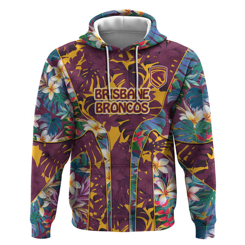 Brisbane Broncos Hoodie Tropical Hibiscus Floral Pattern With Maroon And Yellow Accents