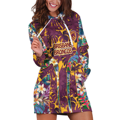 Brisbane Broncos Hoodie Dress Tropical Hibiscus Floral Pattern With Maroon And Yellow Accents
