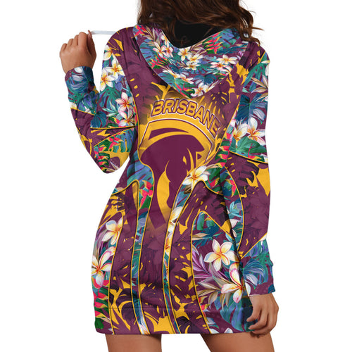 Brisbane Broncos Hoodie Dress Tropical Hibiscus Floral Pattern With Maroon And Yellow Accents