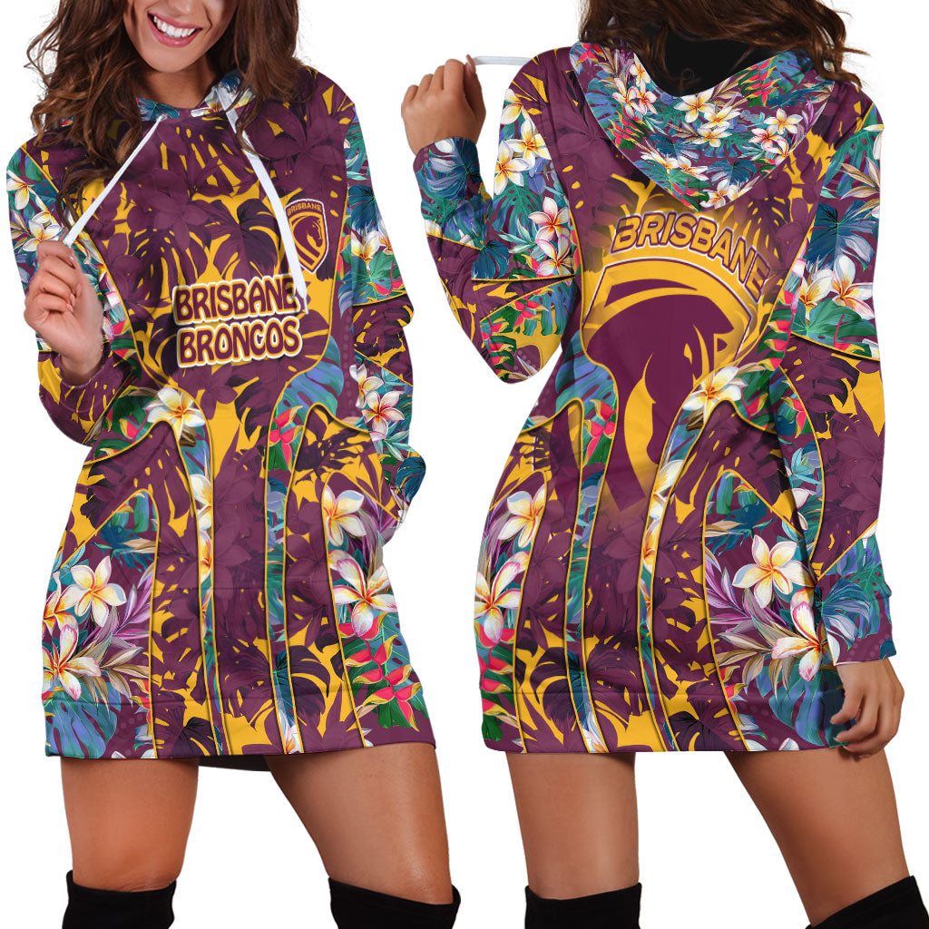 Brisbane Broncos Hoodie Dress Tropical Hibiscus Floral Pattern With Maroon And Yellow Accents