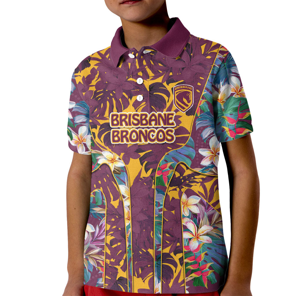 Brisbane Broncos Kid Polo Shirt Tropical Hibiscus Floral Pattern With Maroon And Yellow Accents