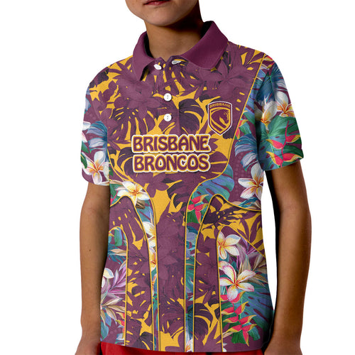Brisbane Broncos Kid Polo Shirt Tropical Hibiscus Floral Pattern With Maroon And Yellow Accents