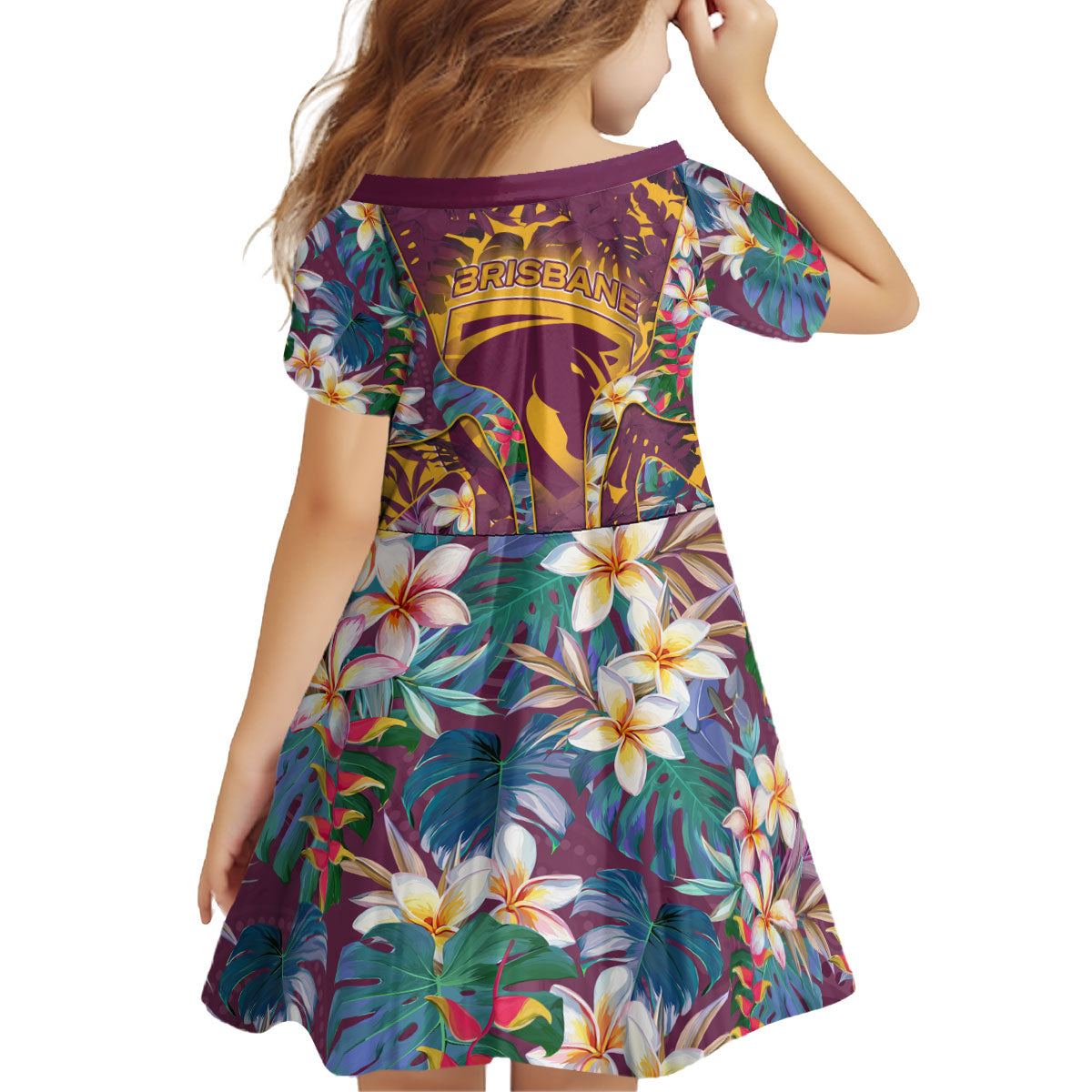 Brisbane Broncos Kid Short Sleeve Dress Tropical Hibiscus Floral Pattern With Maroon And Yellow Accents