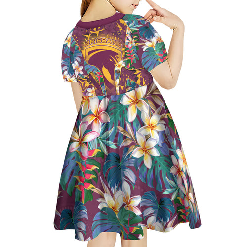 Brisbane Broncos Kid Short Sleeve Dress Tropical Hibiscus Floral Pattern With Maroon And Yellow Accents