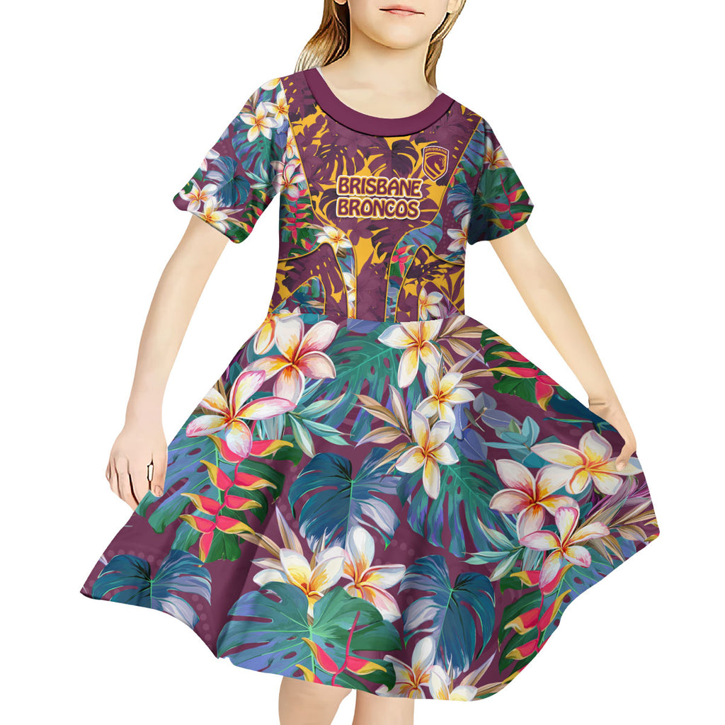 Brisbane Broncos Kid Short Sleeve Dress Tropical Hibiscus Floral Pattern With Maroon And Yellow Accents