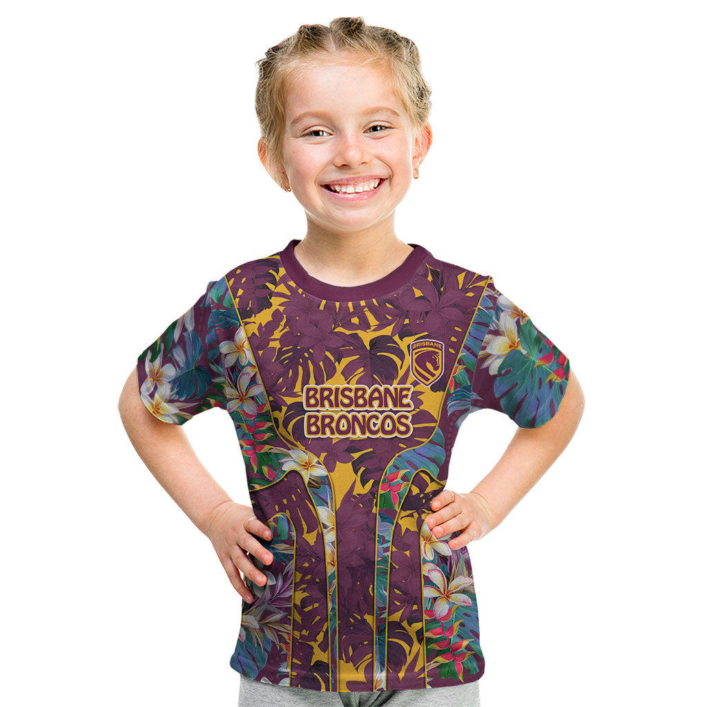 Brisbane Broncos Kid T Shirt Tropical Hibiscus Floral Pattern With Maroon And Yellow Accents