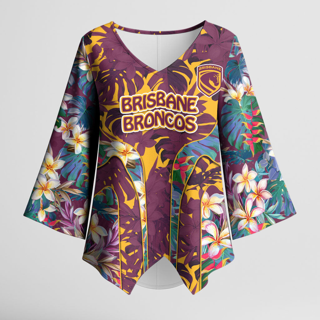 Brisbane Broncos Kimono Sleeve Blouse Tropical Hibiscus Floral Pattern With Maroon And Yellow Accents