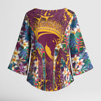 Brisbane Broncos Kimono Sleeve Blouse Tropical Hibiscus Floral Pattern With Maroon And Yellow Accents