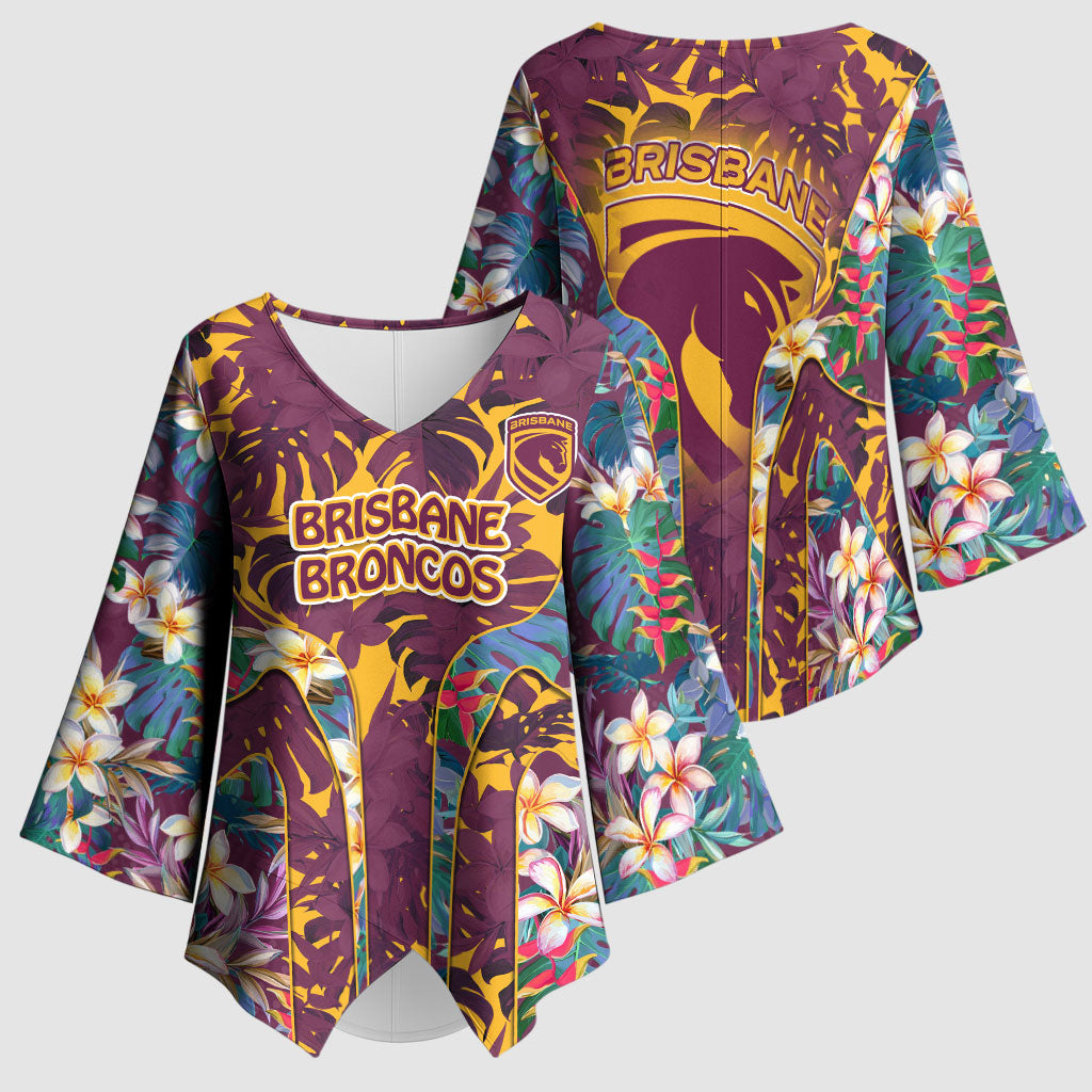 Brisbane Broncos Kimono Sleeve Blouse Tropical Hibiscus Floral Pattern With Maroon And Yellow Accents