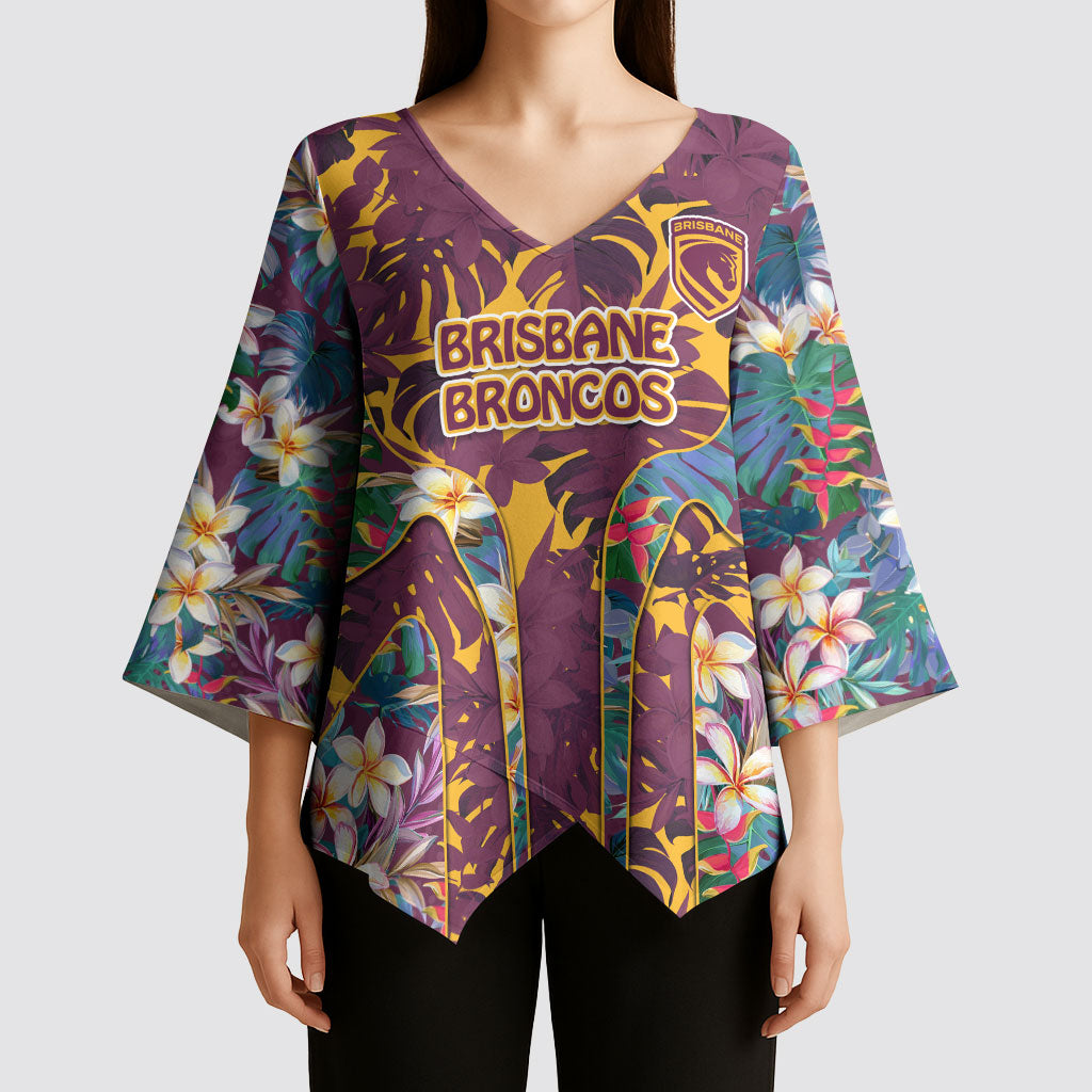 Brisbane Broncos Kimono Sleeve Blouse Tropical Hibiscus Floral Pattern With Maroon And Yellow Accents