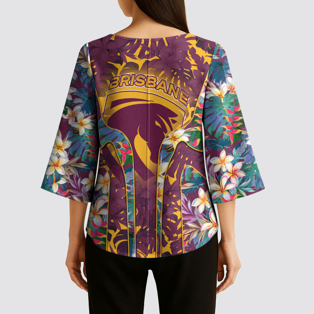 Brisbane Broncos Kimono Sleeve Blouse Tropical Hibiscus Floral Pattern With Maroon And Yellow Accents