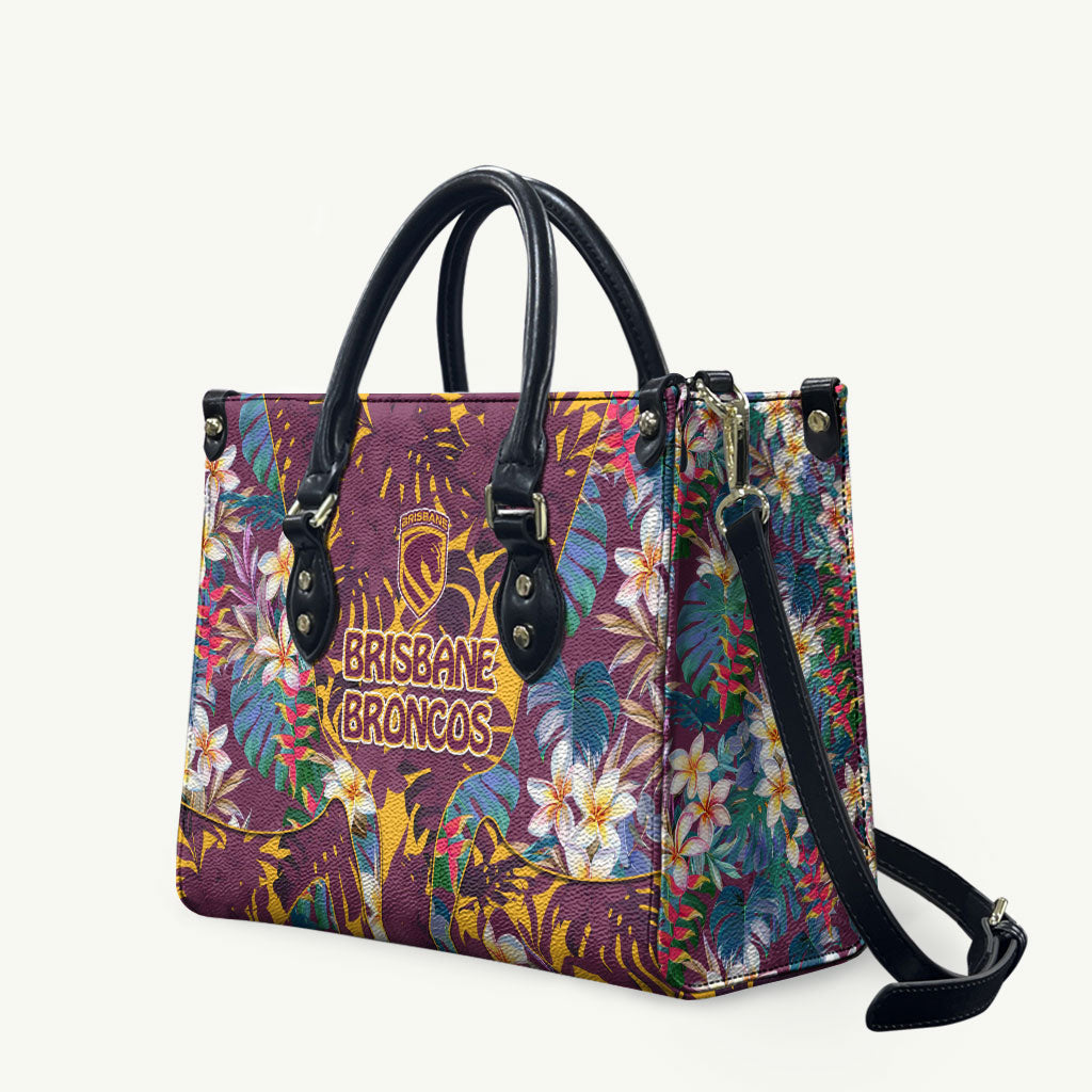 Brisbane Broncos Leather Bag Tropical Hibiscus Floral Pattern With Maroon And Yellow Accents