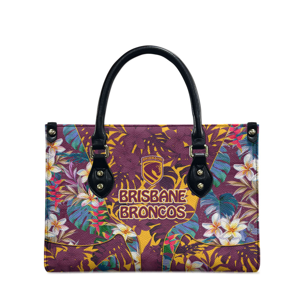 Brisbane Broncos Leather Bag Tropical Hibiscus Floral Pattern With Maroon And Yellow Accents