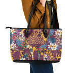 Brisbane Broncos Leather Tote Bag Tropical Hibiscus Floral Pattern With Maroon And Yellow Accents