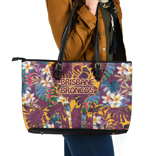 Brisbane Broncos Leather Tote Bag Tropical Hibiscus Floral Pattern With Maroon And Yellow Accents