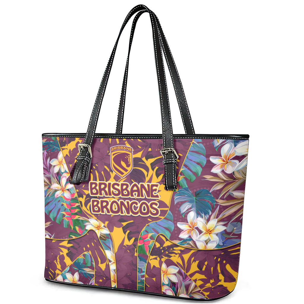 Brisbane Broncos Leather Tote Bag Tropical Hibiscus Floral Pattern With Maroon And Yellow Accents
