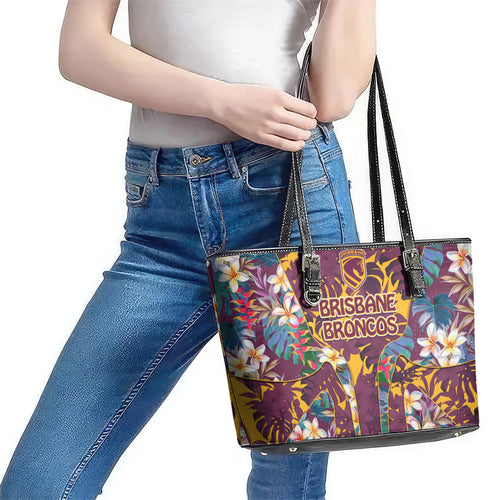 Brisbane Broncos Leather Tote Bag Tropical Hibiscus Floral Pattern With Maroon And Yellow Accents