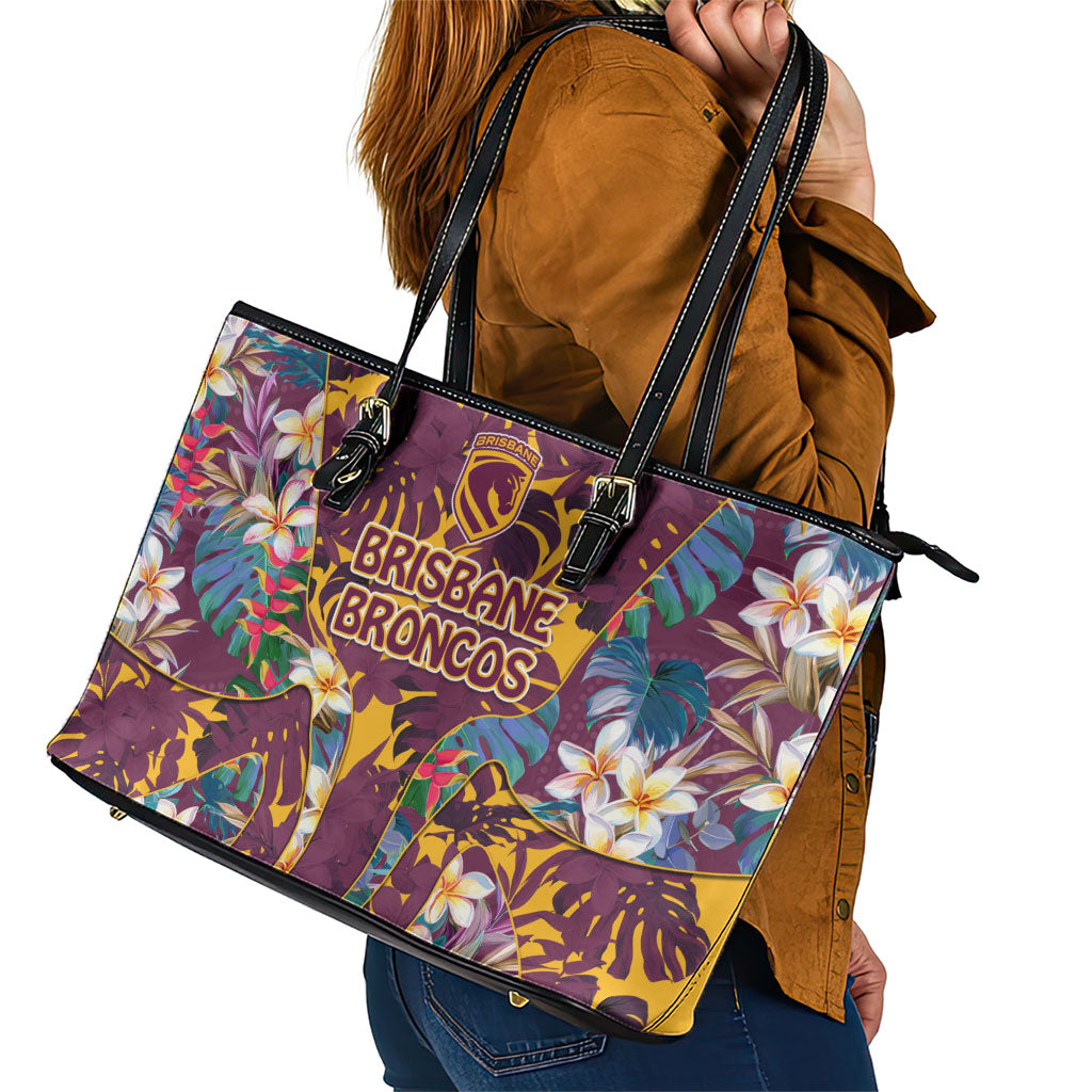 Brisbane Broncos Leather Tote Bag Tropical Hibiscus Floral Pattern With Maroon And Yellow Accents